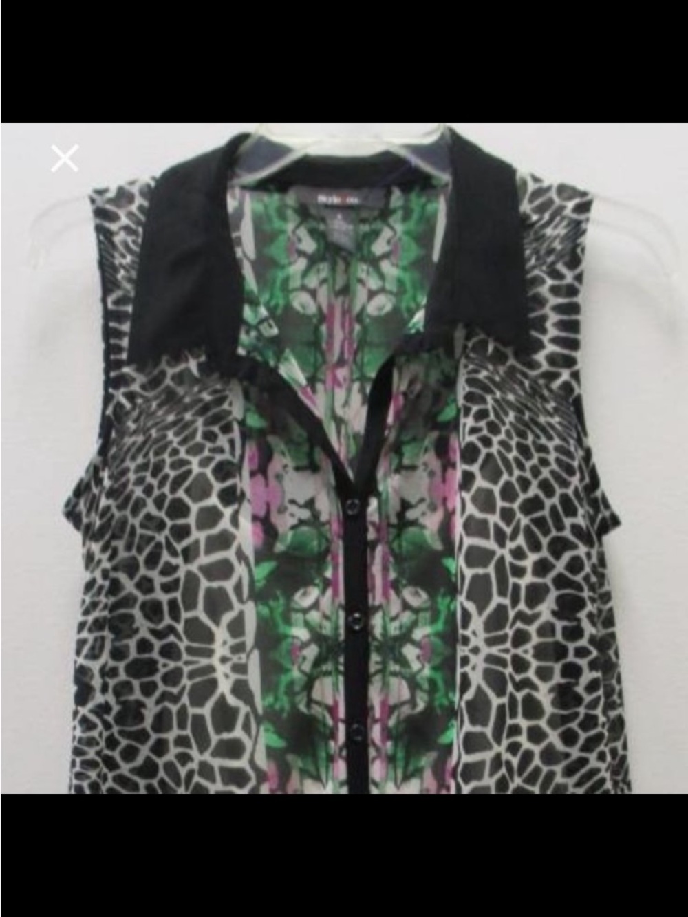 Style & Co. Black Collar Mixed-Print Sleeveless Top with Green and Pink Accents